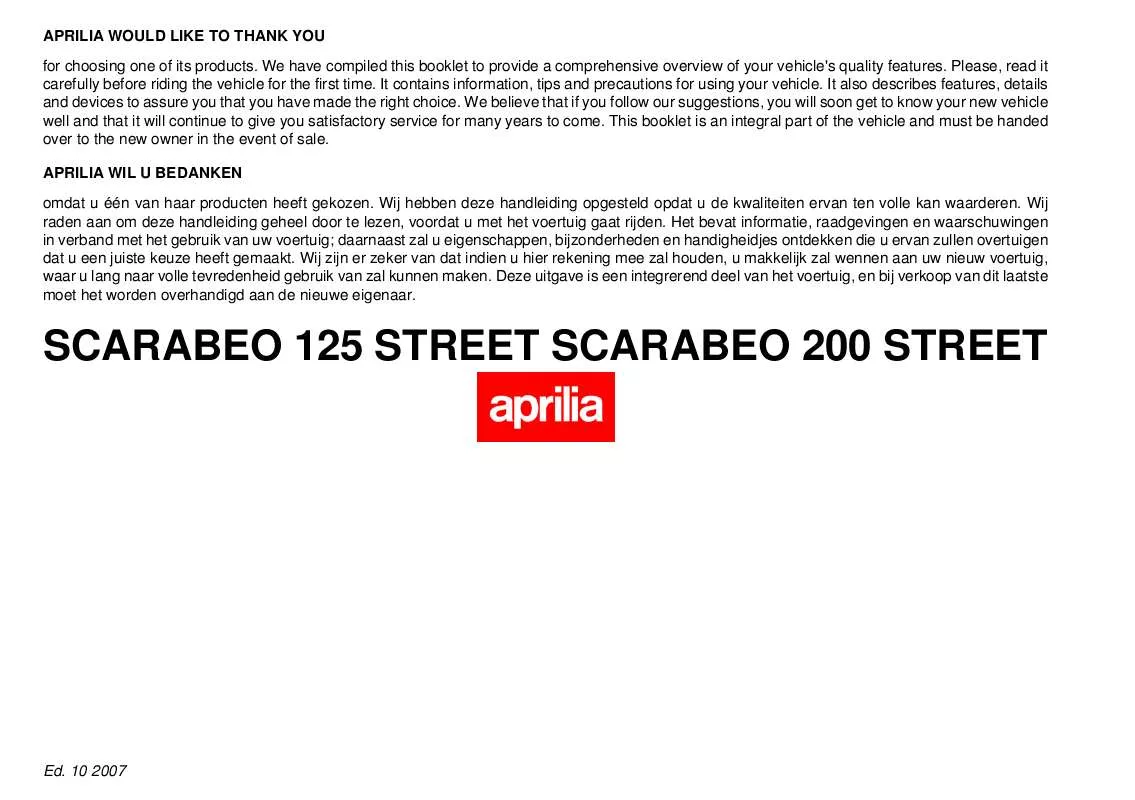 Mode d'emploi APRILIA SCARABEO STREET 125 STREET