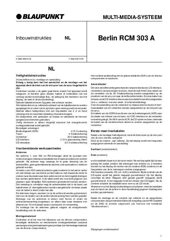 Mode d'emploi BLAUPUNKT BERLIN RCM 303A