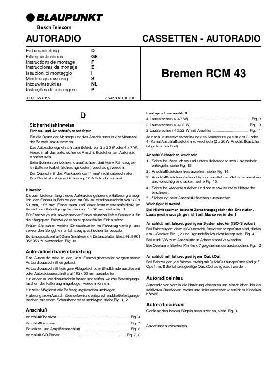 Mode d'emploi BLAUPUNKT BREMEN RCM 43