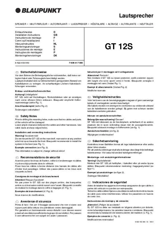 Mode d'emploi BLAUPUNKT GT 12S SUBTUBE