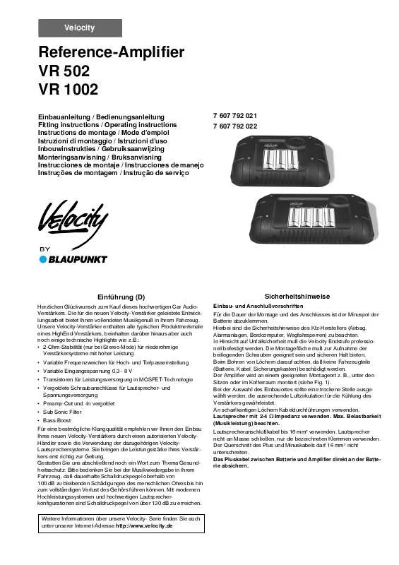 Mode d'emploi BLAUPUNKT VELOCITY VR 502/ VR 1002
