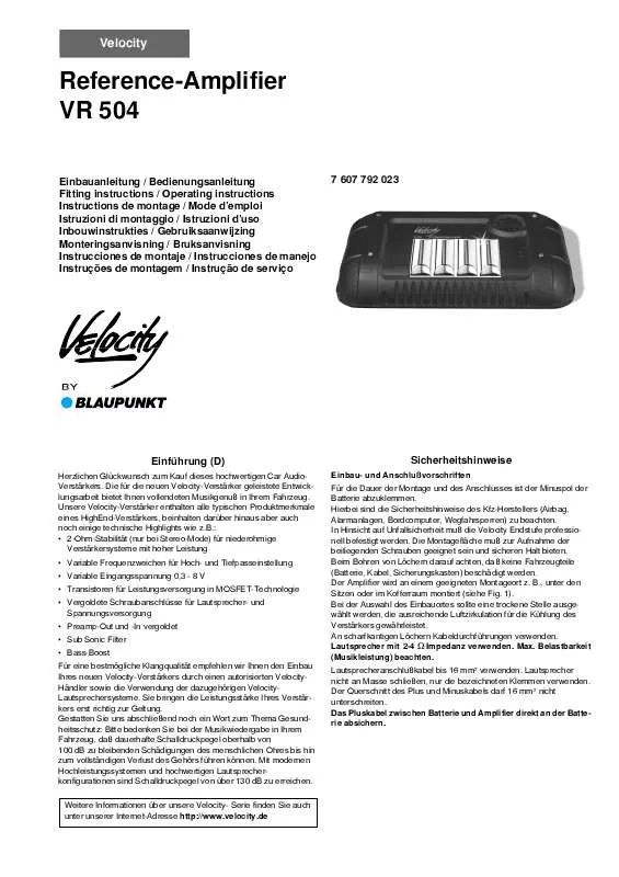 Mode d'emploi BLAUPUNKT VR 504 VELOCITY AMP