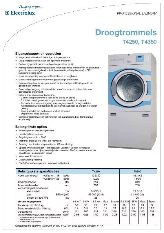Mode d'emploi ELECTROLUX LAUNDRY SYSTEMS T4250