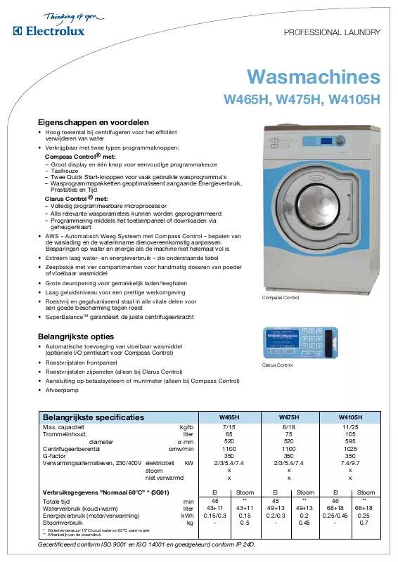 Mode d'emploi ELECTROLUX LAUNDRY SYSTEMS W475H