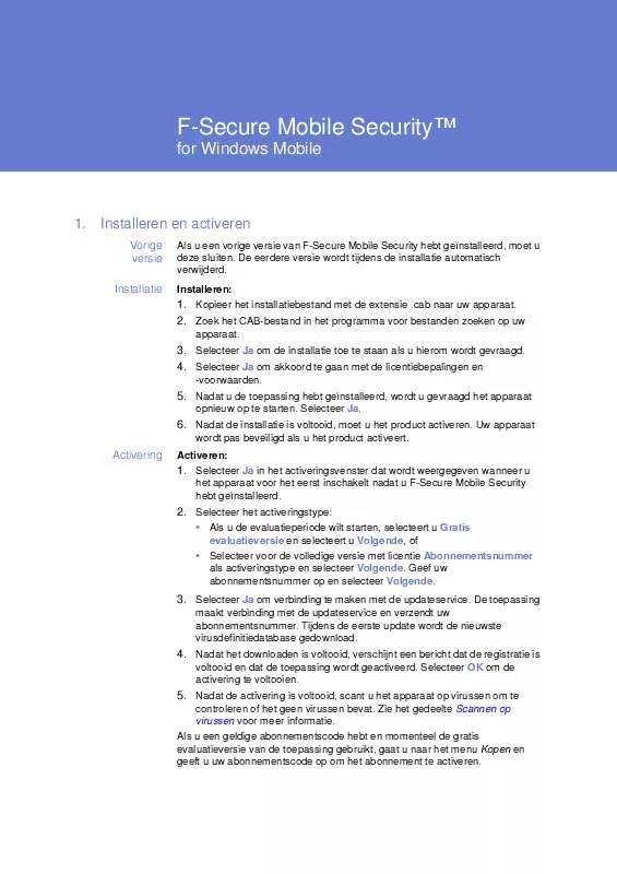 Mode d'emploi F-SECURE MOBILE SECURITY 6 FOR WINDOWS MOBILE