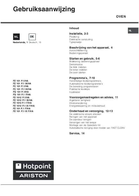 Mode d'emploi HOTPOINT FC 101 P.1 IX/HA