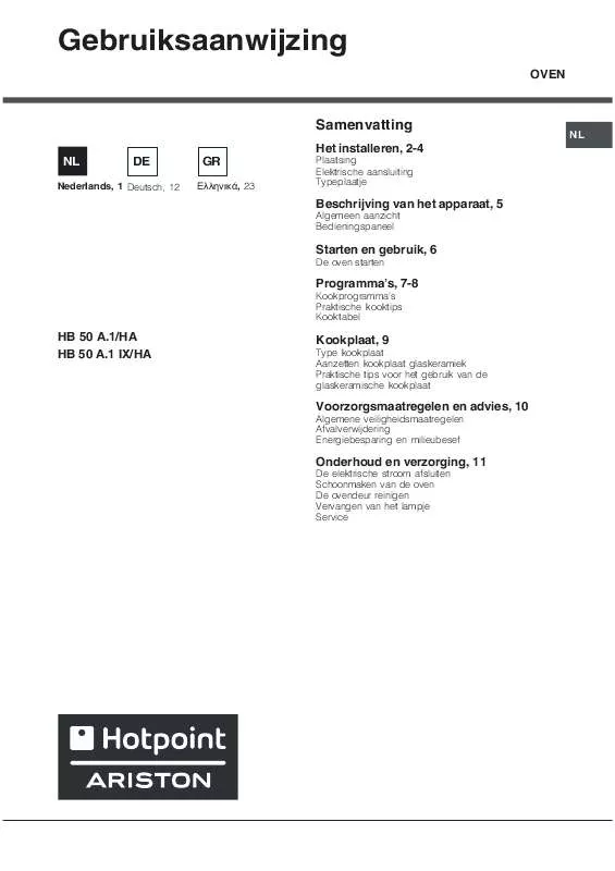 Mode d'emploi HOTPOINT HB 50 A.1 IX/HA