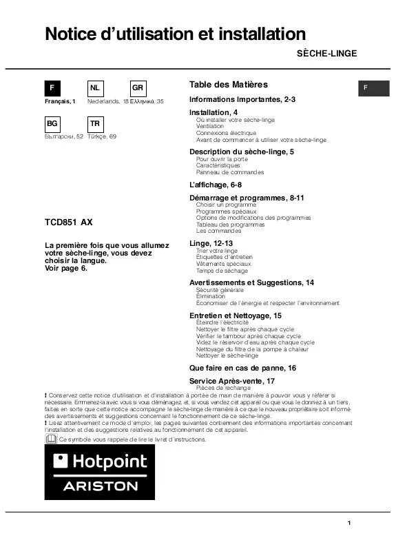 Mode d'emploi HOTPOINT TCD 851 AX