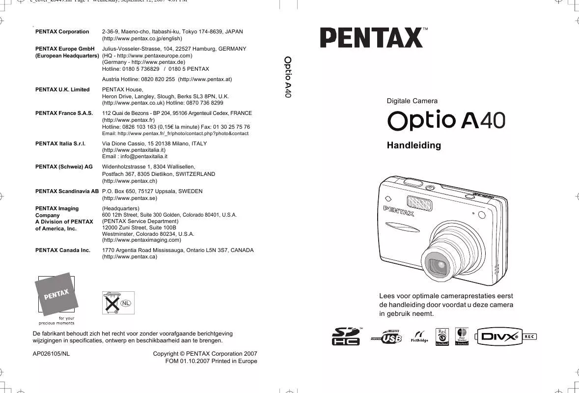 Mode d'emploi PENTAX OPTIO A40