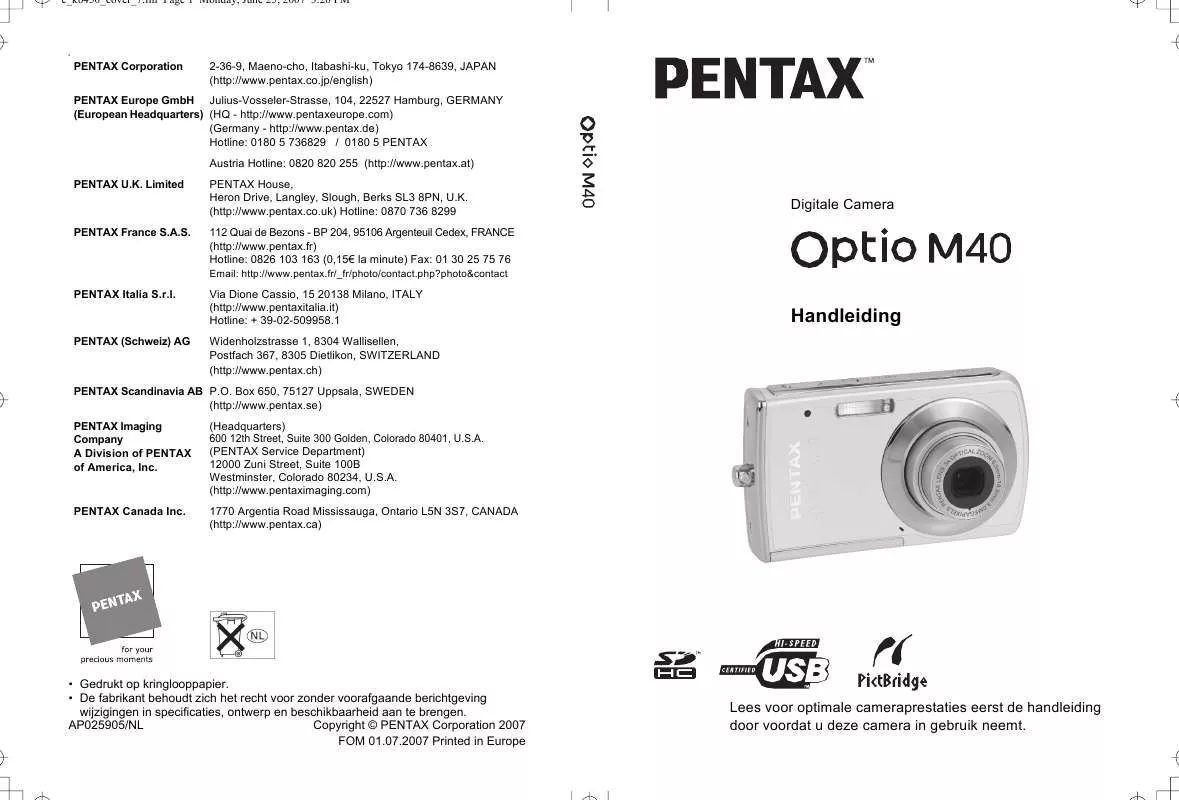 Mode d'emploi PENTAX OPTIO M40