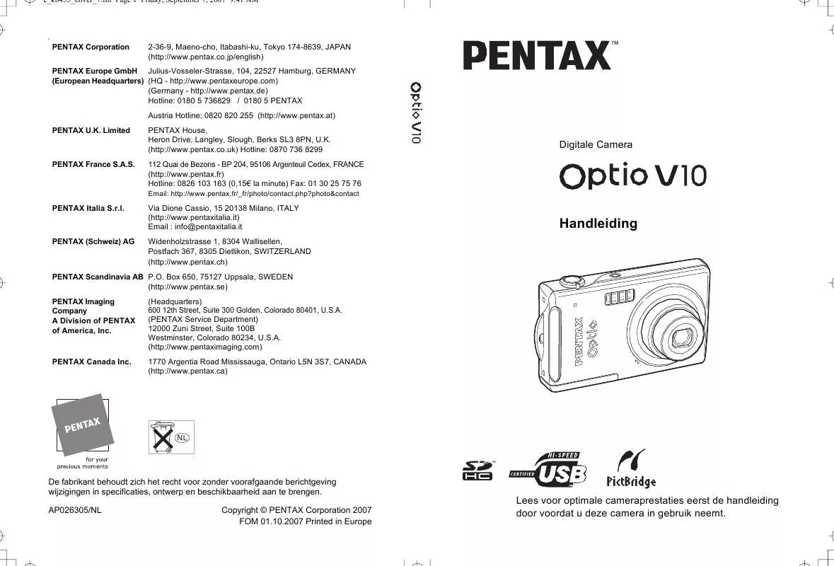 Mode d'emploi PENTAX OPTIO V10