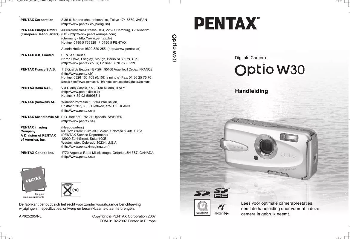 Mode d'emploi PENTAX OPTIO W30