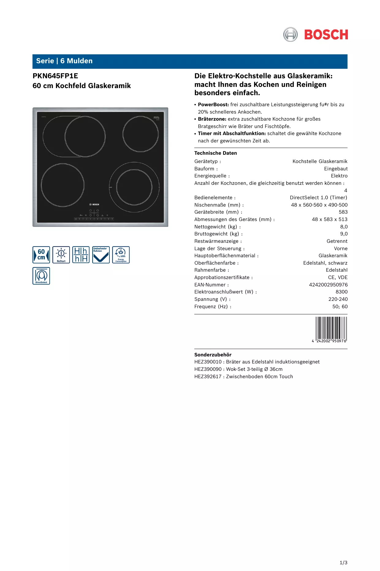 Mode d'emploi BOSCH PKN645FP1E