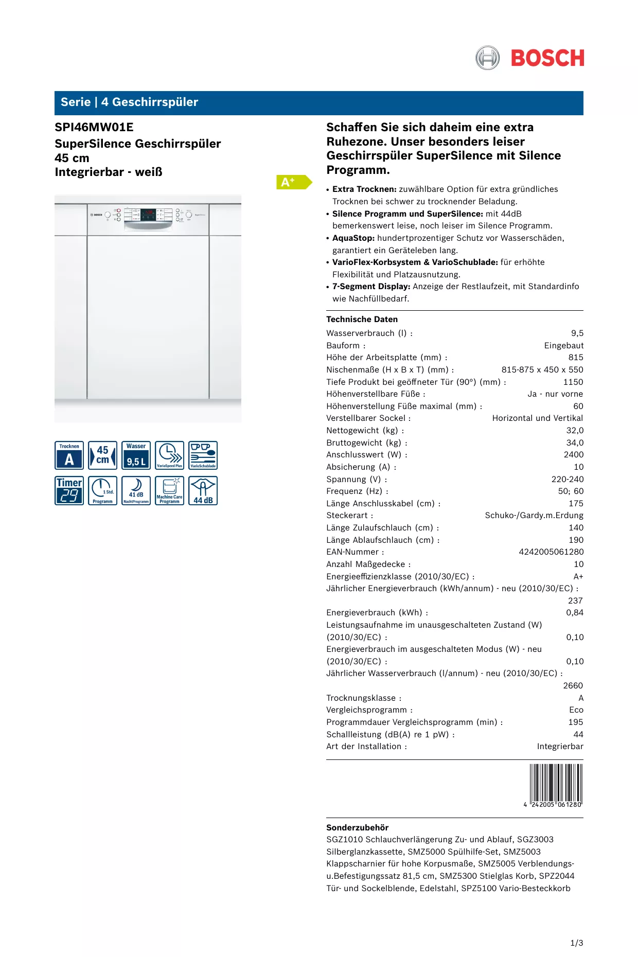 Mode d'emploi BOSCH SPI46MW01E