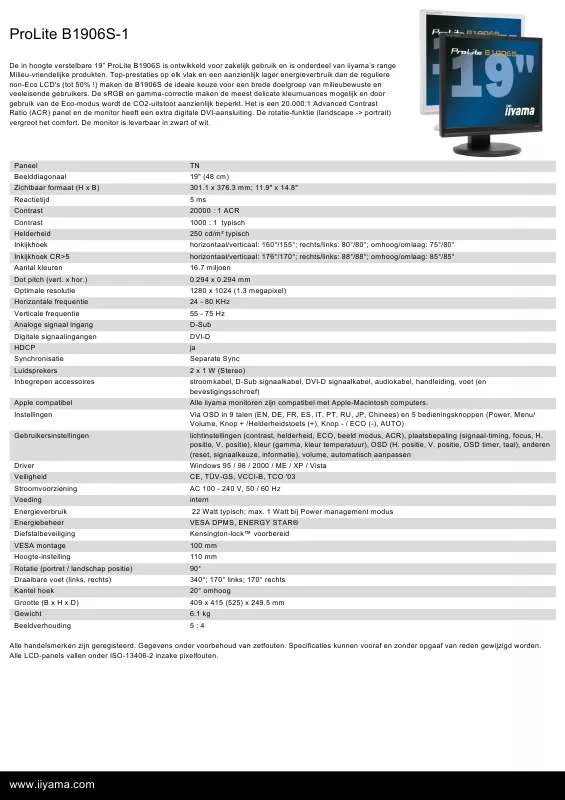 Mode d'emploi IIYAMA PROLITE B1906S-1