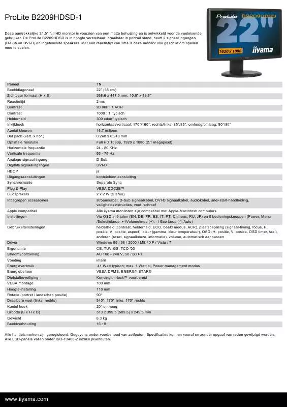 Mode d'emploi IIYAMA PROLITE B2209HDSD-1