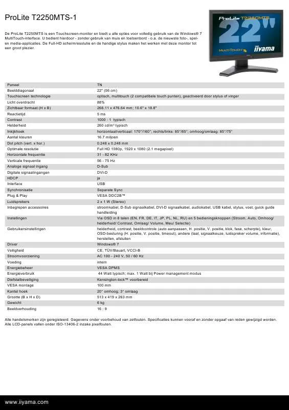 Mode d'emploi IIYAMA PROLITE T2250MTS-1