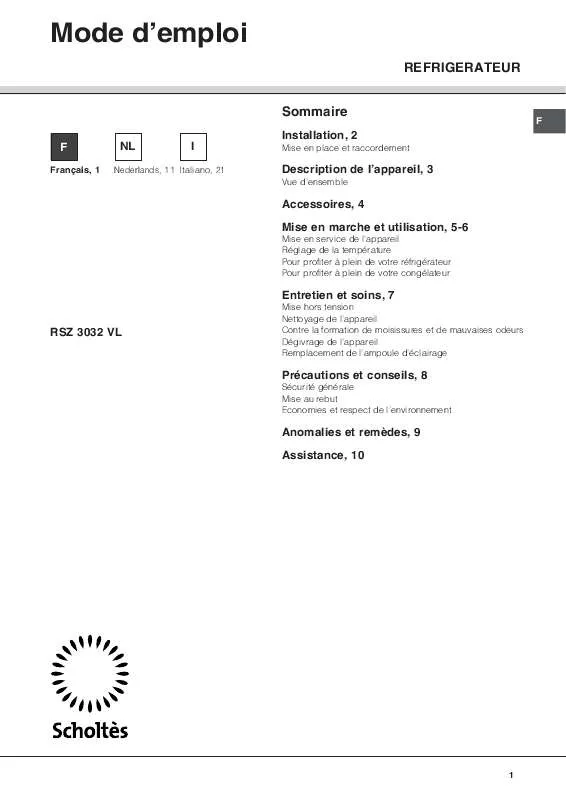 Mode d'emploi SCHOLTES RSZ 3032 V L