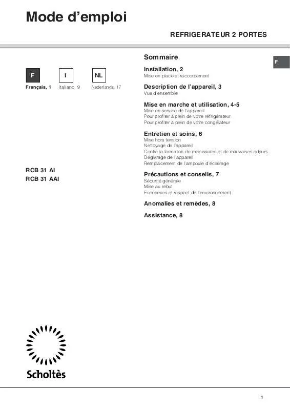 Mode d'emploi SCHOLTES RCB 31 AAI