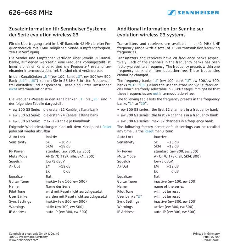 Mode d'emploi SENNHEISER BERB 626-668MHZ