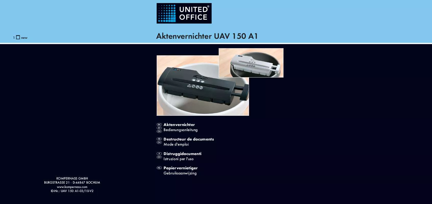 Mode d'emploi UNITED OFFICE UAV 150 A1 DOCUMENT SHREDDER