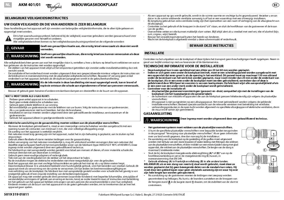 Mode d'emploi WHIRLPOOL AKM 401/NB/01