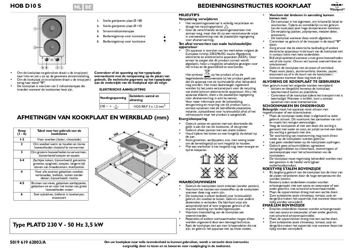 Mode d'emploi WHIRLPOOL HOB D10 S