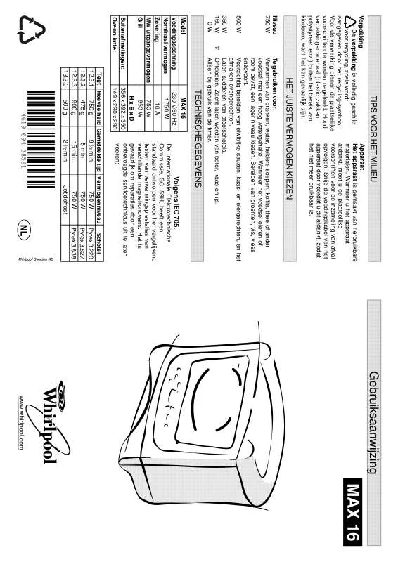 Mode d'emploi WHIRLPOOL MAX 16/2/BL