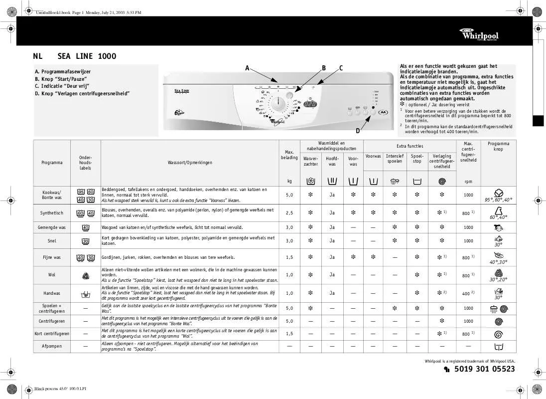 Mode d'emploi WHIRLPOOL SEA LINE 1000