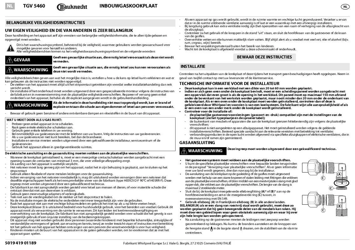 Mode d'emploi WHIRLPOOL TGV 5460 SW