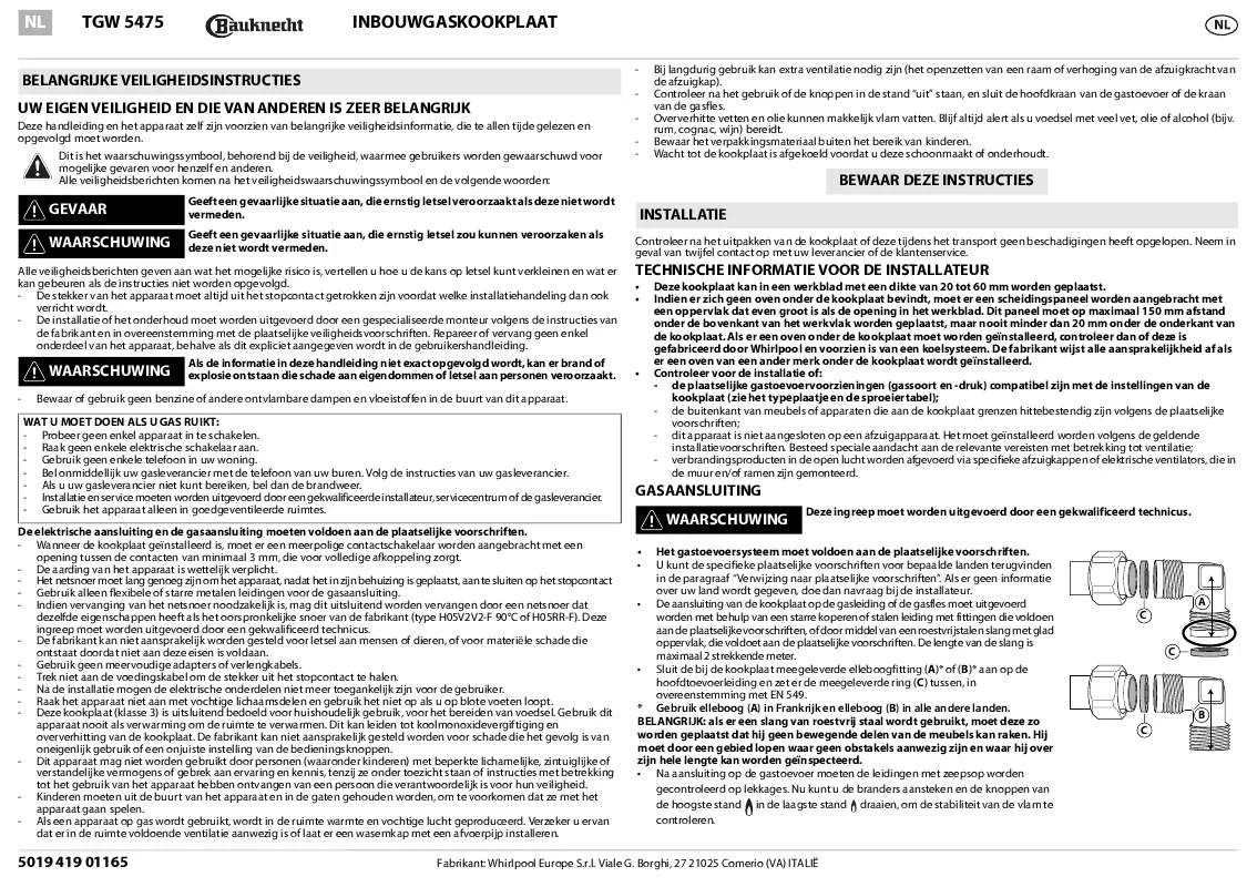 Mode d'emploi WHIRLPOOL TGW 5475/PT